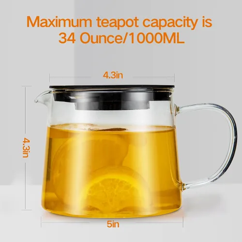 Vista 5 de Tetera de vidrio 1000 ml/34 oz con infusor extraíble de acero inoxidable, tetera de vidrio resistente al calor de borosilicato, hervidor de té