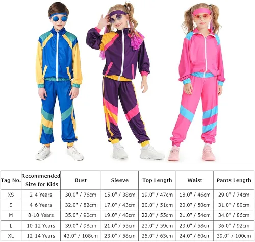 Vista 7 de IMEKIS Disfraz de entrenamiento de los años 80 para niñas, niños, chaqueta de Halloween con pantalones, diadema de los años 80, conjunto de ropa