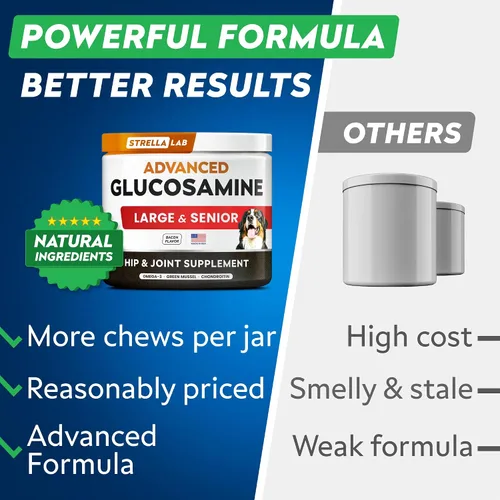Vista 5 de STRELLALAB Suplemento avanzado de glucosamina para cadera y articulaciones para perros y caballos mayores, mejillón y colágeno de labios verdes