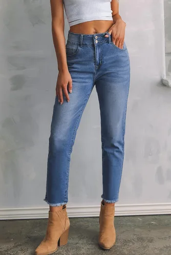 Vista 5 de Sidefeel Jeans de cintura alta para mujer, con dobladillo sin procesar, pierna recta, pantalones de mezclilla
