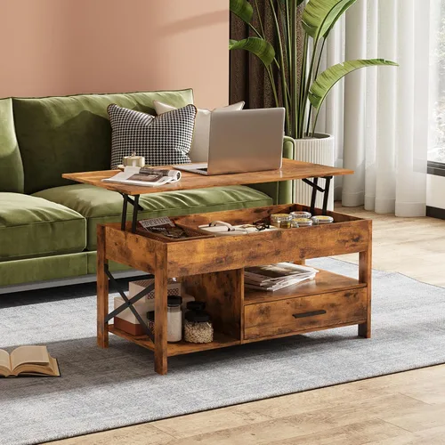 Vista 2 de WLIVE Mesa de Centro, Mesa de Centro Elevable de 39 pulgadas con Compartimento Oculto, Cajones de Almacenamiento y Estante de Almacenamiento