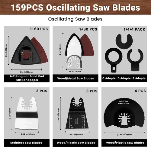 Vista 3 de 159 hojas de sierra oscilantes con papel de lija, cuchillas multiherramienta universales de titanio para madera/plásticos/metal, kits