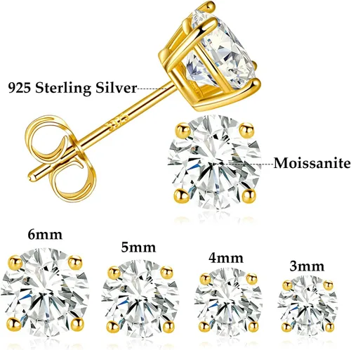 Vista 6 de MDFUN Juego de aretes de tuerca de moissanita de plata de ley S925, 4 puntas, redondos, de moissanita, paquete múltiple