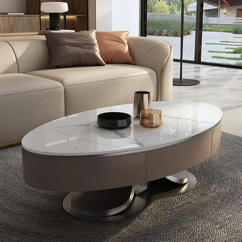 Vista 7 de Mesa auxiliar para sofá de sala de estar, mesa auxiliar ovalada de lujo con mesa de pizarra, mesa de centro moderna para sala de estar con cajones