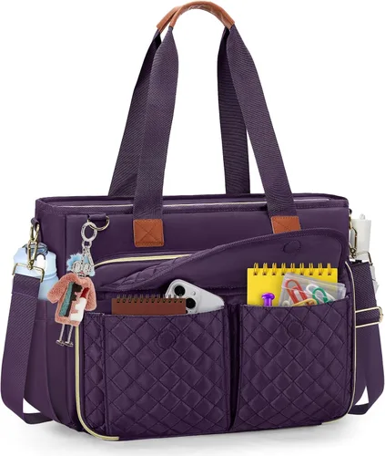 Vista 9 de Bolso de lona para laptop RAINSMORE para profesoras, bolsas de trabajo para mujer, bolso de 15.6 pulgadas con gran portavasos para enfermeras, bolso