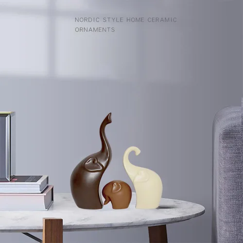 Vista 3 de Figura de estatua familiar de elefante de cerámica, mamá, papá y bebé, arte de animales, escultura de porcelana, decoración del hogar para sala