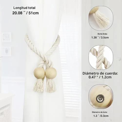Vista 3 de Alzapaños magnéticos para cortinas, alzapaños decorativos Nieffeiy Beige