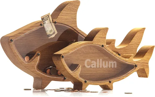 Vista 4 de Alcancía de tiburón – Alcancía de madera hecha a mano por expertos para niños, niñas y adultos Madera de roble duradera con vidrio orgánico