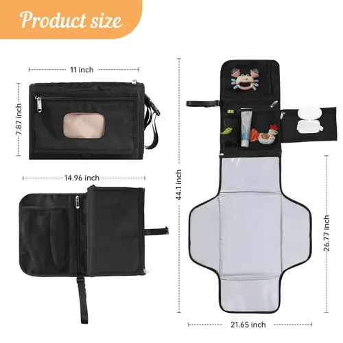 Vista 2 de Cambiador de pañales portátil para bebé, bolsa de viaje organizada inteligente con dispensador de toallitas y dispensador de bolsas de residuos.