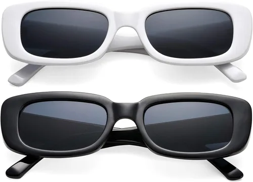 Vista 2 de 2 Pack Trendy Rectangle Sunglasses for Women Narrow Square Frame Shade 100% UV Blocking