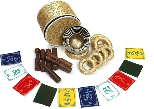Vista 2 de ESK-06 - Juego de 7 cuencos tibetanos de 3 a 5.2 pulgadas, cuenco cantor del Himalaya, hecho a mano, con cojines de seda, 7 palos, bandera y caja