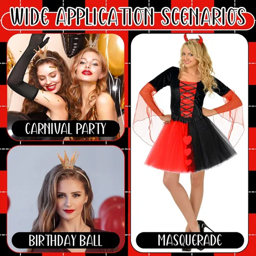 Vista 6 de Xtinmee Disfraz de reina para mujer, falda tutú roja y negra, diadema brillante, parche de fieltro y guantes negros, disfraz de reina de Halloween