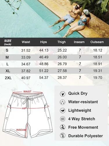 Vista 6 de SILKWORLD Mens Swimming Trunks with Compression Liner Bathing Suit Quick-Dry Swim Shorts with Zipper Side Pockets