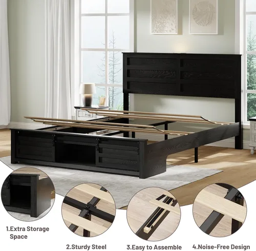 Vista 5 de Base de cama tamaño matrimonial con cabecero de madera, estructura de cama de plataforma de madera con estribo de puerta corrediza de granero