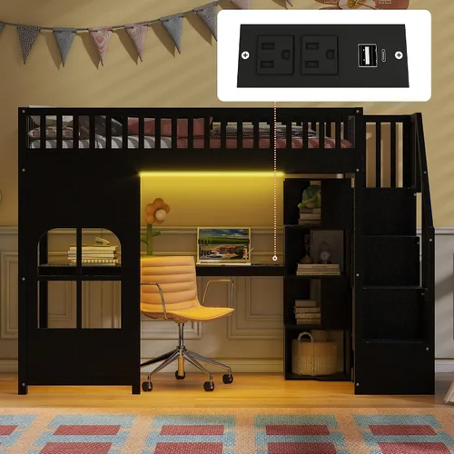 Vista 4 de Playhouse Wood Twin Size Loft Bed with Storage Staircase, Desk, Shelves