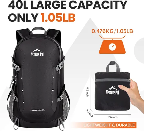 Vista 5 de Venture Pal - Mochila de senderismo ligera y plegable para viajes de 40L, para día a día - Negro