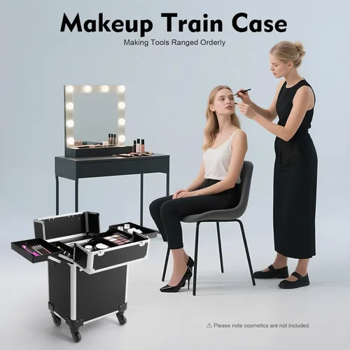 Vista 2 de Estuche de maquillaje profesional, estuche de aluminio para cosméticos con ruedas silenciosas, 4 bandejas plegadas y varilla retráctil, capacidad