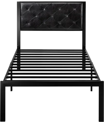 Vista 7 de Allewie Base de cama individual con cabecera tapizada de piel sintética, diseño elegante con costuras de diamante, no necesita somier, color negro
