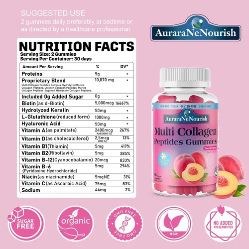 Vista 2 de Gomitas de péptidos de colágeno múltiple, sin azúcar, hidrolizadas, 5000 mg de proteína, tipo I, II, III, V, X, con biotina, ácido hialurónico