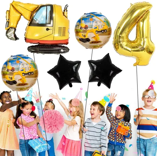 Vista 7 de Globos de construcción para fiesta de 4º cumpleaños, globos de construcción para decoración de 4º cumpleaños, globo de aluminio de excavadora Oro 4