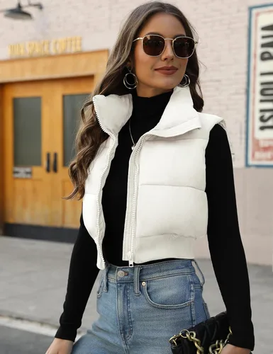 Vista 3 de Gihuo Chaleco acolchado recortado para mujer, sin mangas, chaqueta acolchada, chaleco acolchado para invierno, con cremallera completa, abrigo