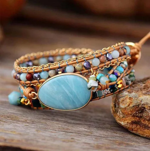 Vista 2 de ZOSOJONA Pulsera envolvente para mujer, estilo bohemio, con cuentas de cristal de jaspe natural, Cuero, Ágata