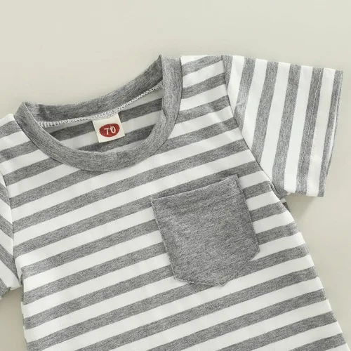 Vista 19 de Conjunto de ropa casual de manga corta con botones y pantalones cortos de lino para bebés y niños pequeños