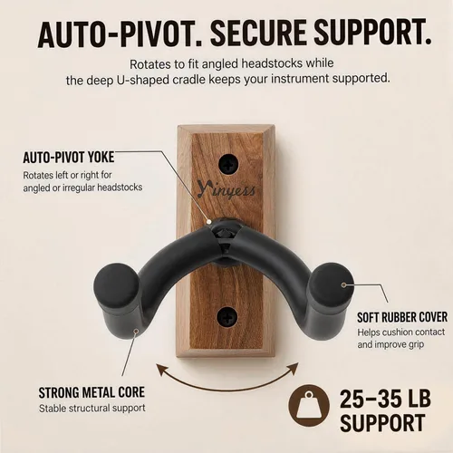 Vista 4 de Soporte de pared para guitarra con soporte para púas y 6 púas de celuloide, colgador de guitarra de madera de nogal en forma de U, soporte de gancho
