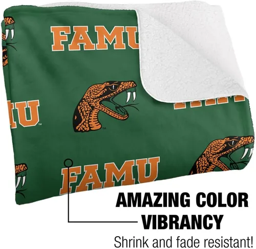 Vista 3 de Manta de la Universidad Florida A&M, 50 x 60 pulgadas, patrón de logotipo, manta de sherpa de tacto sedoso súper suave Universidad de Florida A&m