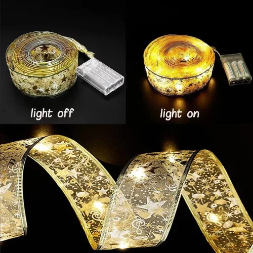 Vista 2 de Hongsome - Luces de cinta para decoración de árbol de Navidad, 32 pies con 100 luces LED, cinta dorada con borde de alambre, luces de hadas