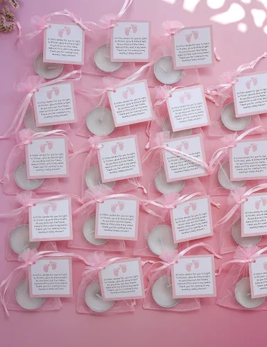 Vista 3 de Juego de 50 velas de té para recuerdos de fiesta de baby shower, recuerdos de bautizo para invitados, recuerdos de revelación de género de niña, Rosa