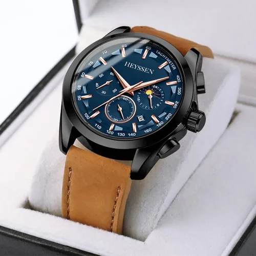Vista 9 de Watches for Men Chronograph Analog Luminous Quartz Watch Blue Black Luxury Genuine Leather Mens Watches Business Sports Waterproof Wristwatch