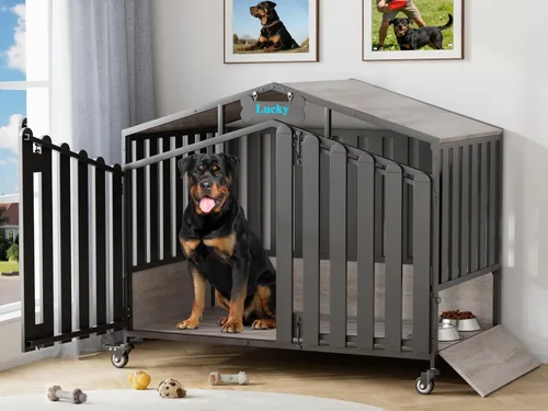 Vista 10 de EasyCom Muebles resistentes de 31 pulgadas para perros, para interiores con ruedas de 360°, jaulas decorativas para perros pequeños, jaula de madera