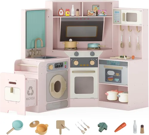 Vista 14 de Costzon Cocina de Juego de Esquina, Pequeño Chef Cocina de Juego de Simulación con Luz y Sonido Reales, Carrito Extraíble, Contenedores de Tela