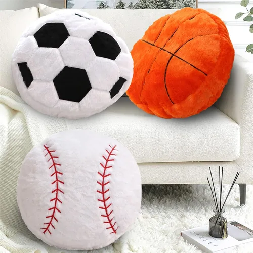Vista 5 de Paquete de 2 almohadas de béisbol de felpa, suaves y esponjosas redondas con forma de béisbol para habitación de niños, decoración de sofá y cama