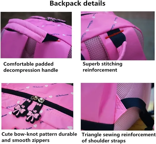 Vista 4 de VIDOSCLA - Juego de 3 piezas con mochila escolar básica para el hombro, lonchera y lapicera, con estampado de corazón y moños, para chicas