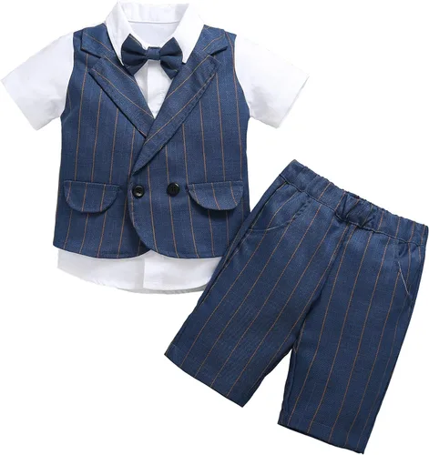 Vista 8 de Conjunto de chaleco para bebés y niños pequeños, camisa corta con corbatín y pantalones, trajes elegantes