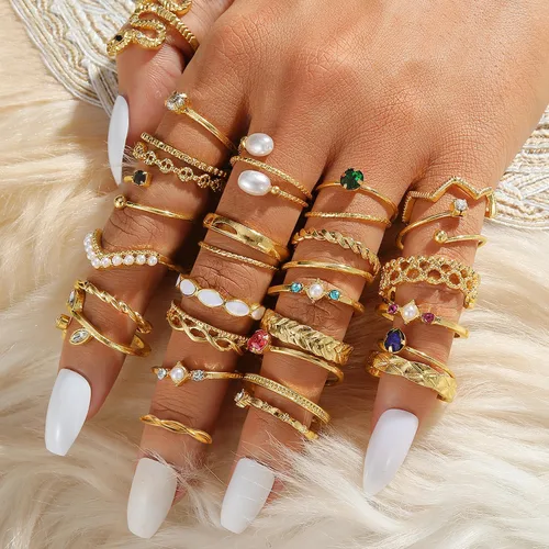 Vista 2 de KISS WIFE Juego de anillos dorados, plateados y negros para nudillos, para mujeres, delicados, simples, modernos, apilables, perfectos para apilar