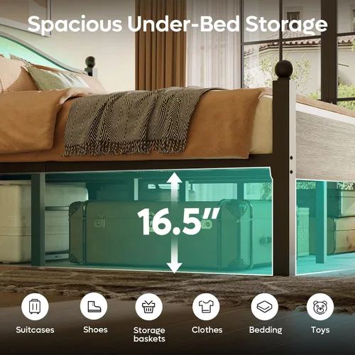 Vista 4 de Pinmoco Base de cama tamaño Queen con cabecero y estribo, cama de plataforma de metal resistente con espacio de almacenamiento debajo de la cama