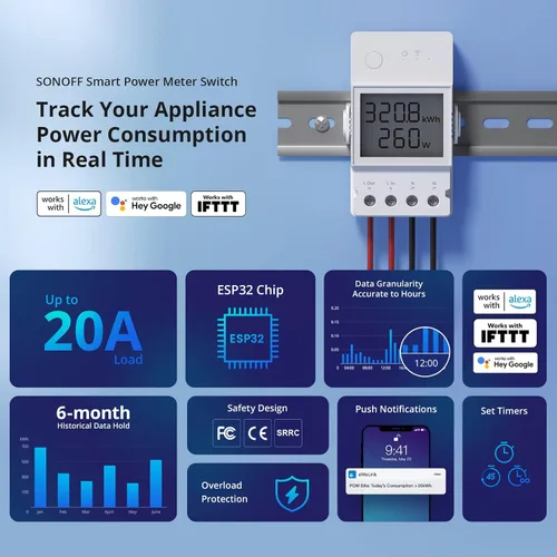 Vista 2 de SONOFF POWR320D Elite 20A WiFi Smart WiFi Interruptor de luz inalámbrico con monitoreo de energía, módulo universal de bricolaje para hogar
