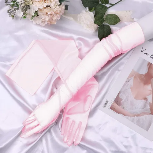 Vista 2 de iEFiEL Guantes largos de tul semitransparentes para mujer, guantes de novia, guantes para fiesta de noche, accesorios de fotografía de ópera