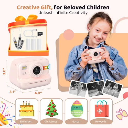 Vista 3 de Cámara de impresión instantánea para niños, regalos de cumpleaños para niñas y niños de 3 a 12 años, cámara de video 1080P para niños, ideas