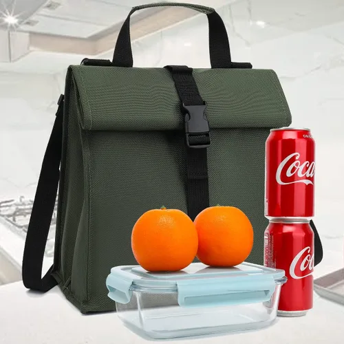 Vista 9 de GYEUKHAM Bolsa de almuerzo aislada para hombres/mujeres/niños, lonchera reutilizable con tapa enrollable y correa ajustable para el hombro Verde