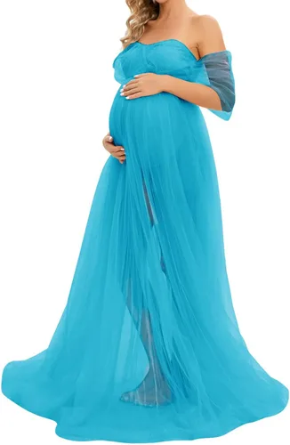 Vista 2 de ZIUMUDY Vestido largo de sesión de fotos de tul con hombros descubiertos para maternidad, manga caída, vestido de tul transparente