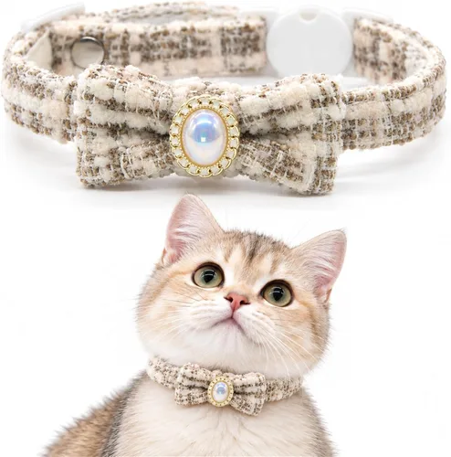 Vista 9 de Collar de gato de terciopelo suave con campana, collar ajustable para Rosa (Flower Pink)