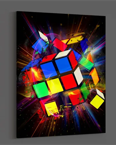 Vista 4 de Govivo Exploding Rubik Cube - Wall Art Decor Print con un fondo negro - obra de arte sin marco impresa en lienzo