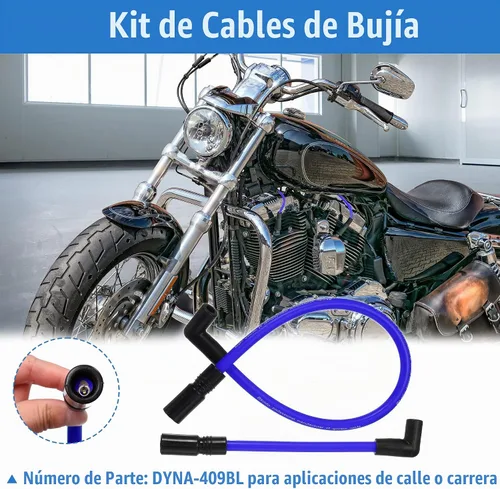 Vista 2 de Motoforti Kit de 2 piezas de cables de bujía de 10.4mm y 10mm DYNA-409BL azul de silicona para Harley Davidson Big Twin FXD Dyna 2000-2017