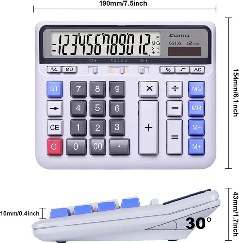 Vista 3 de Comix Calculadora de Escritorio Solar con Batería de Doble Alimentación con Pantalla LCD Grande de 12 Dígitos y Teclas de Computadora Grandes