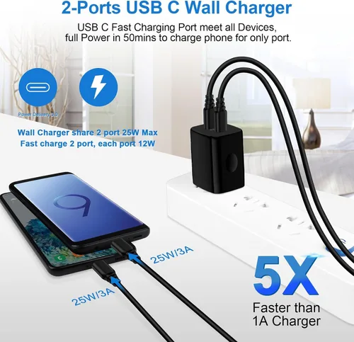 Vista 3 de Bloque de cargador de 25 W, USB C, caja de cargador de pared Android, 2 puertos, adaptador de corriente de enchufe de carga dual súper rápido