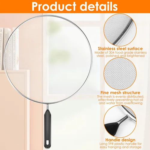 Vista 6 de Protector contra salpicaduras con mango, pantalla de malla de acero inoxidable, a prueba de salpicaduras, protector de salpicaduras de aceite
